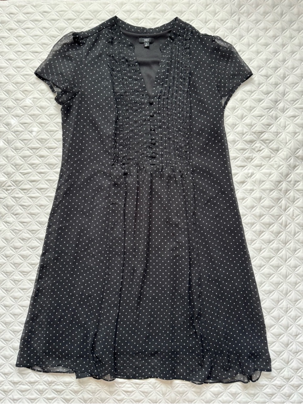 J.B.S. Midi Shift Dress Black White Polka Dots V-Neck Pintuck Front Size 16